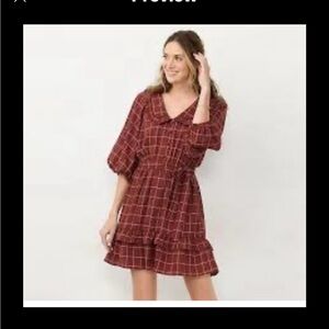 LC Lauren Conrad Burgundy Checkered Long Sleeve Dress